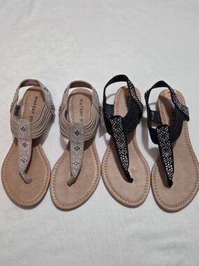 Madden Girl Rhinestone Trixie T-Strap Sandals in Black and Beige | Size 7